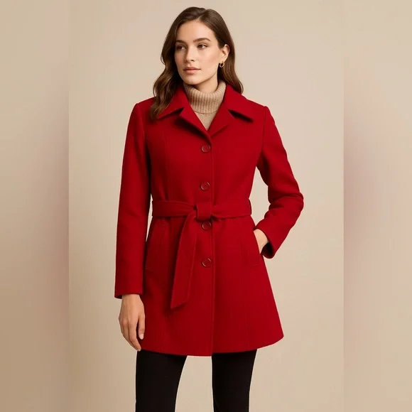 Steve by Searle Red Wool Blend Coat Women’s Size 8 Belted Peacoat - Picture 1 of 10